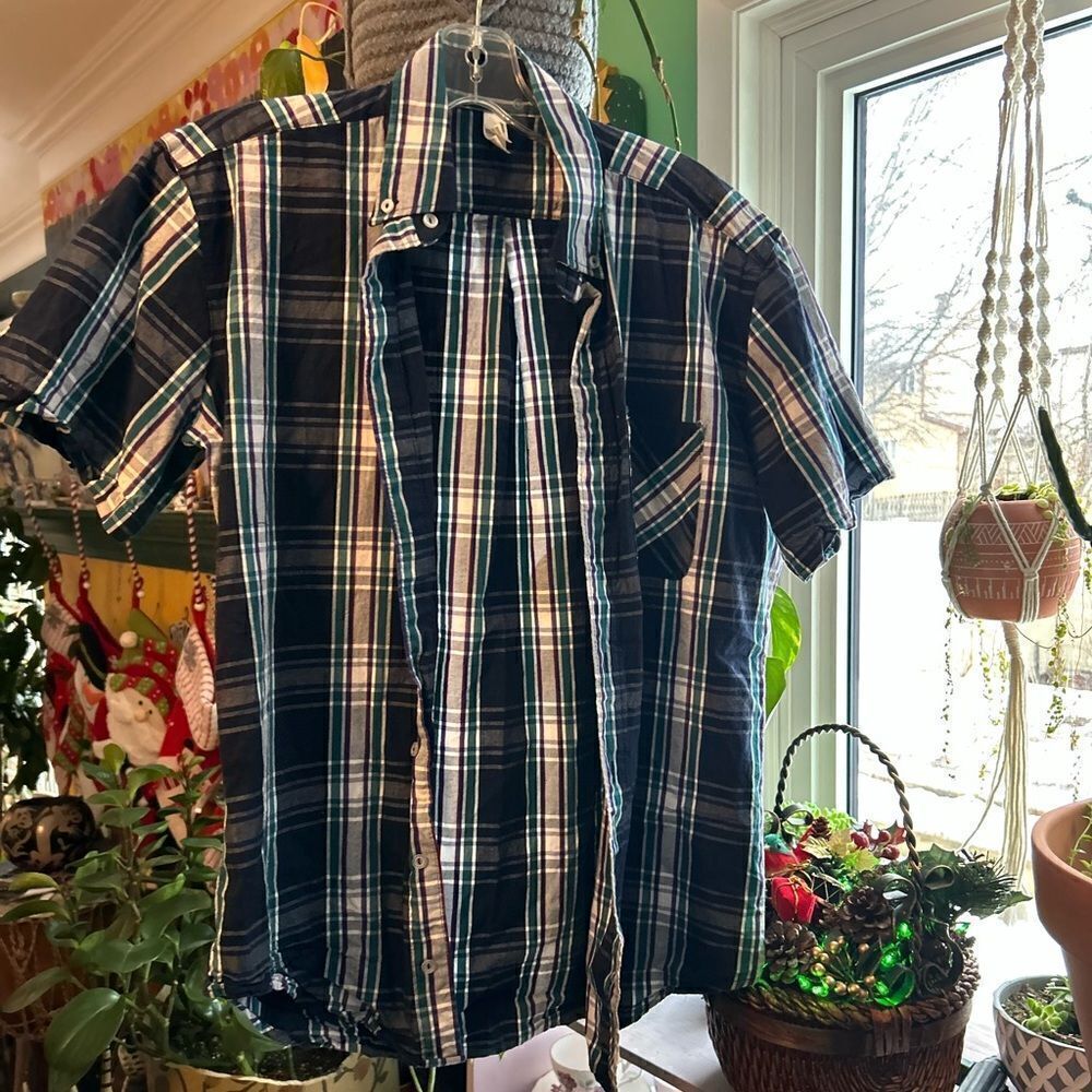 American Apparel Plaid Button Up Shirt Mens Small Blue Green Short Sleeve Cotton - Picture 3 of 16
